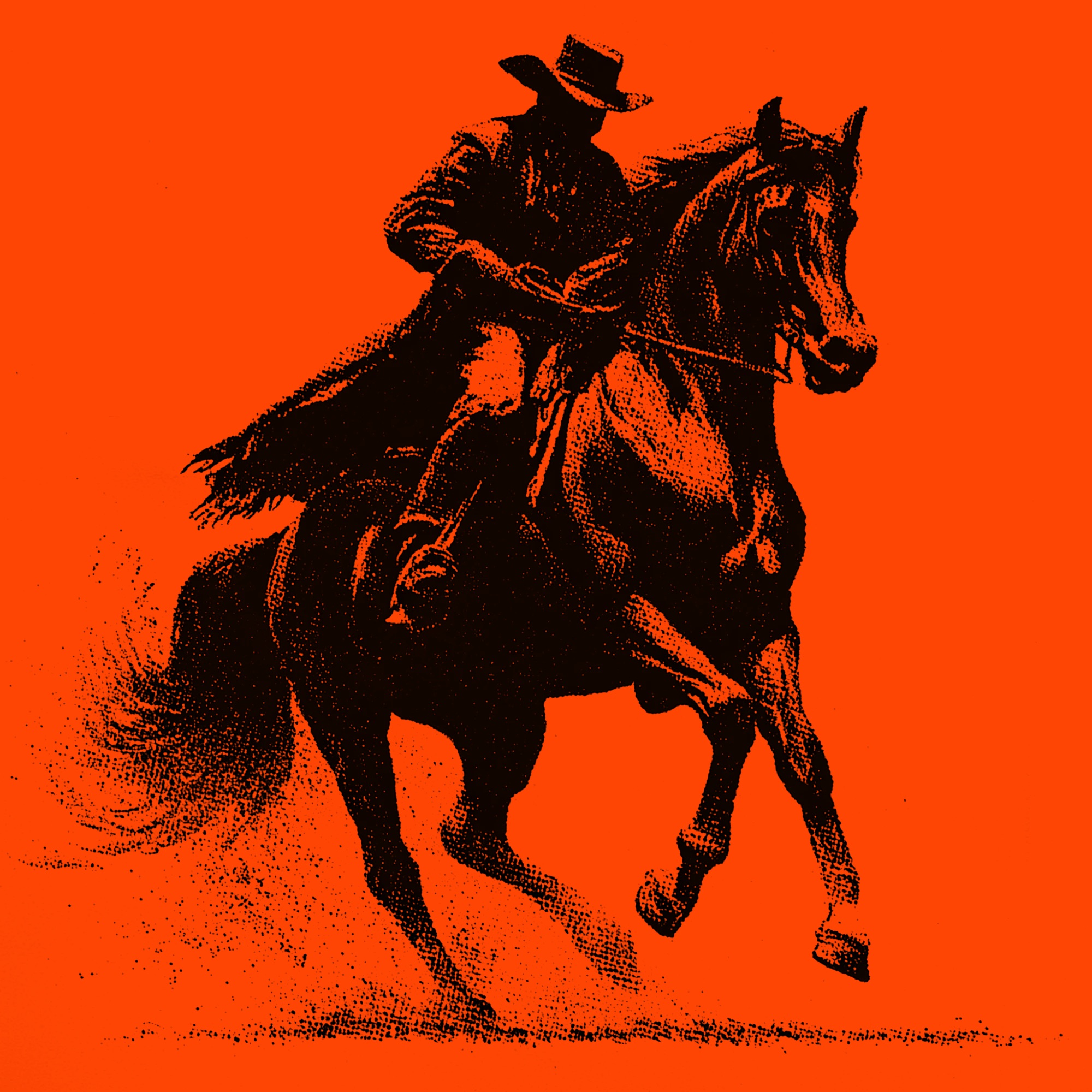 Engraving of a horse and rider
