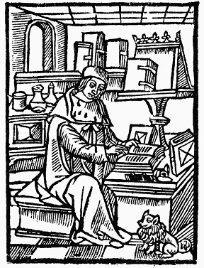 Woodcut of an early print shop